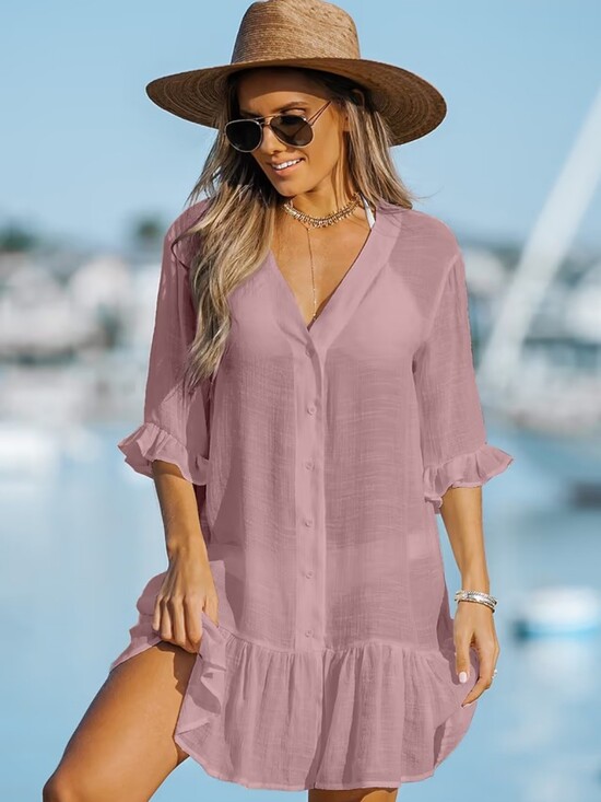Cupshe Other - NWT Cupshe Dusty Pink Button-Front Ruffle Tunic Simwim Coverup Dress Size Med